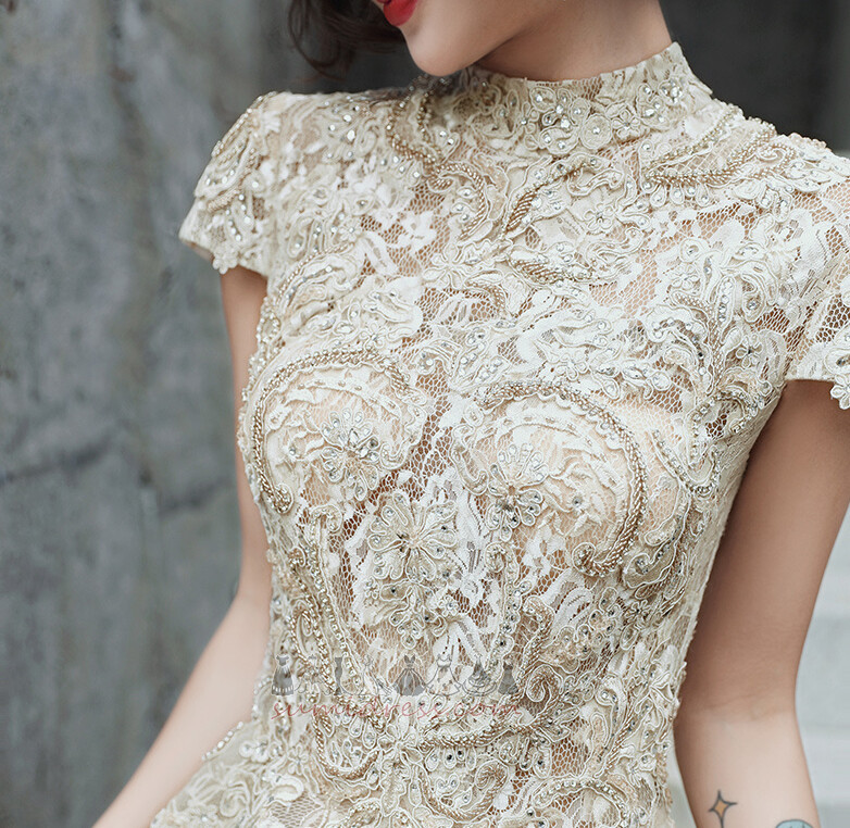 Short Sleeves Hemline Asymmetrical Lace Asymmetrical Lace Overlay Beach Wedding Dress