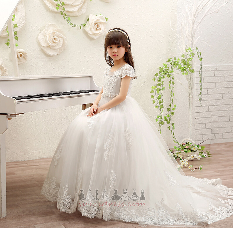 Short Sleeves Long A Line Backless Spring Lace Flower Girl Dress