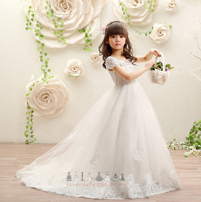 Short Sleeves Long A Line Backless Spring Lace Flower Girl Dress