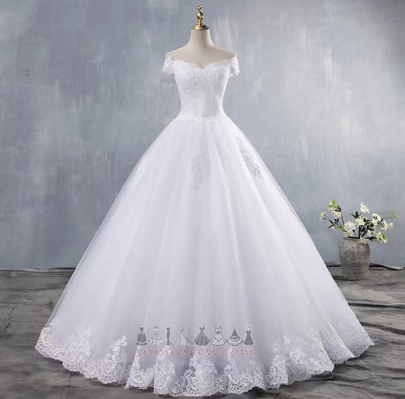 Short Sleeves Long Off Shoulder Voile Vintage Lace-up Wedding Dress