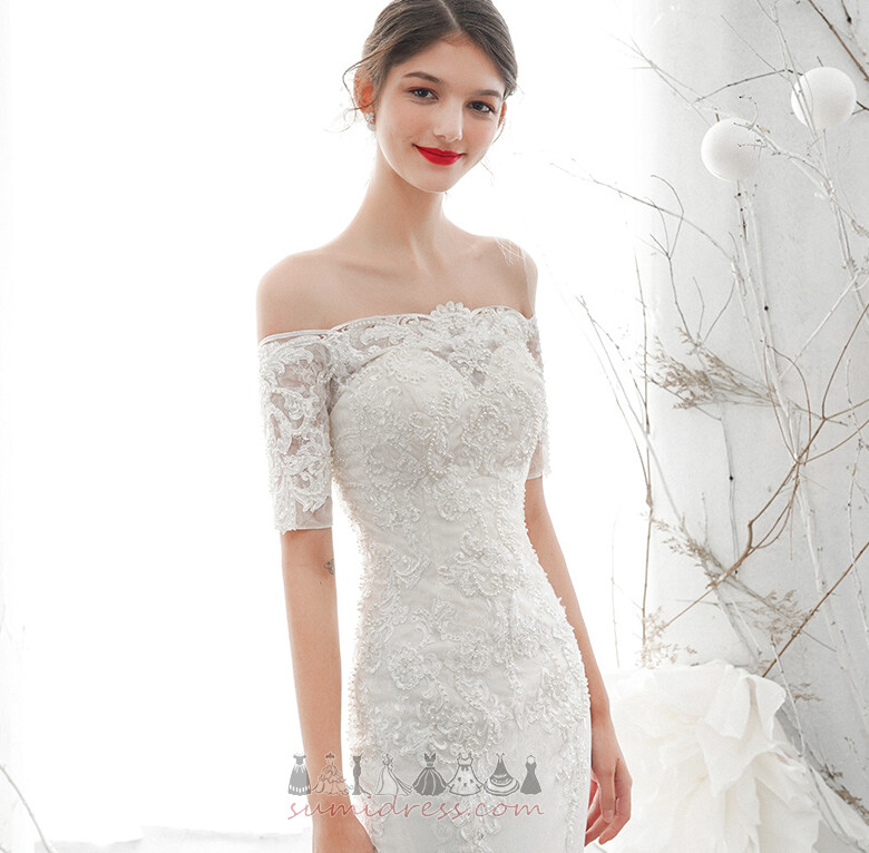 Short Sleeves Satin Lace-up Court Train Off Shoulder Spring Wedding Dress