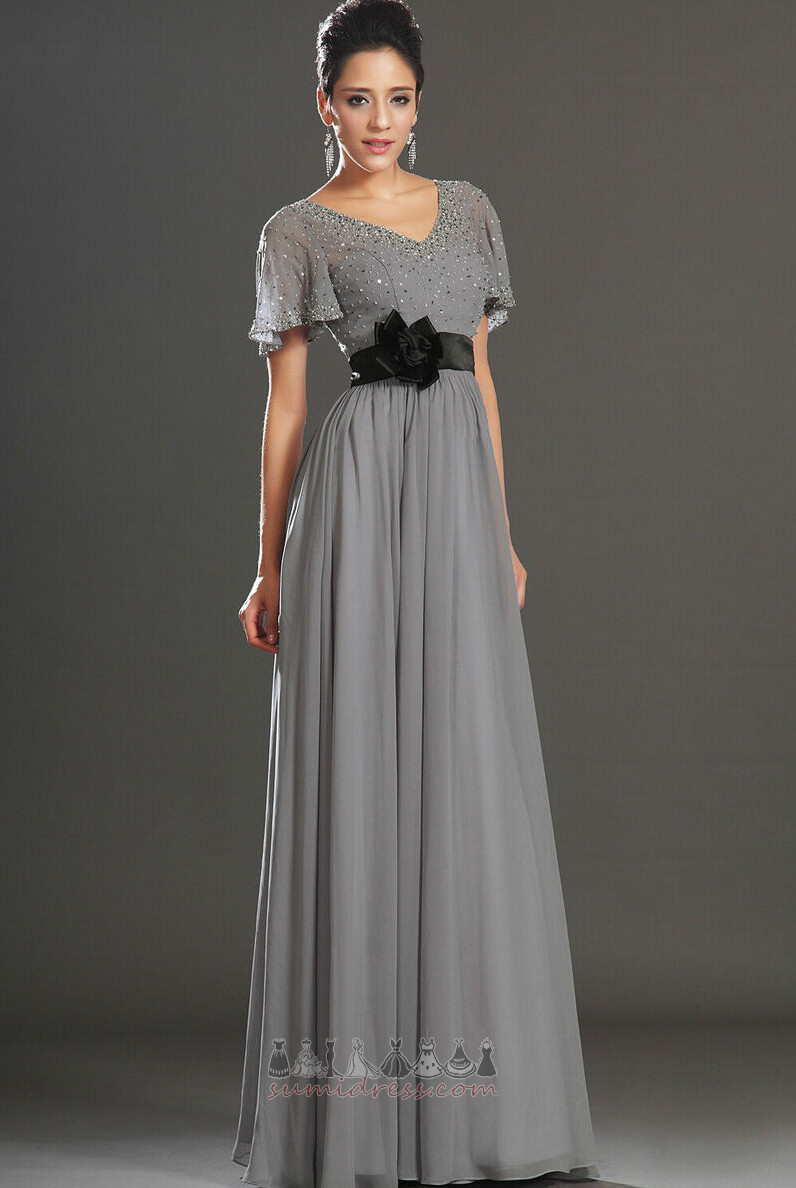 Short Sleeves Sweep Train Mid Back V-Neck Elegant Accented Rosette Evening Dress