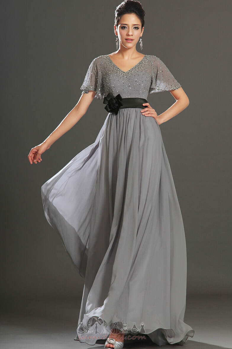 Short Sleeves Sweep Train Mid Back V-Neck Elegant Accented Rosette Evening Dress