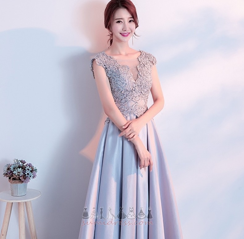 Short Sleeves V-Neck Ankle Length Satin Beading Natural Waist Prom Dress