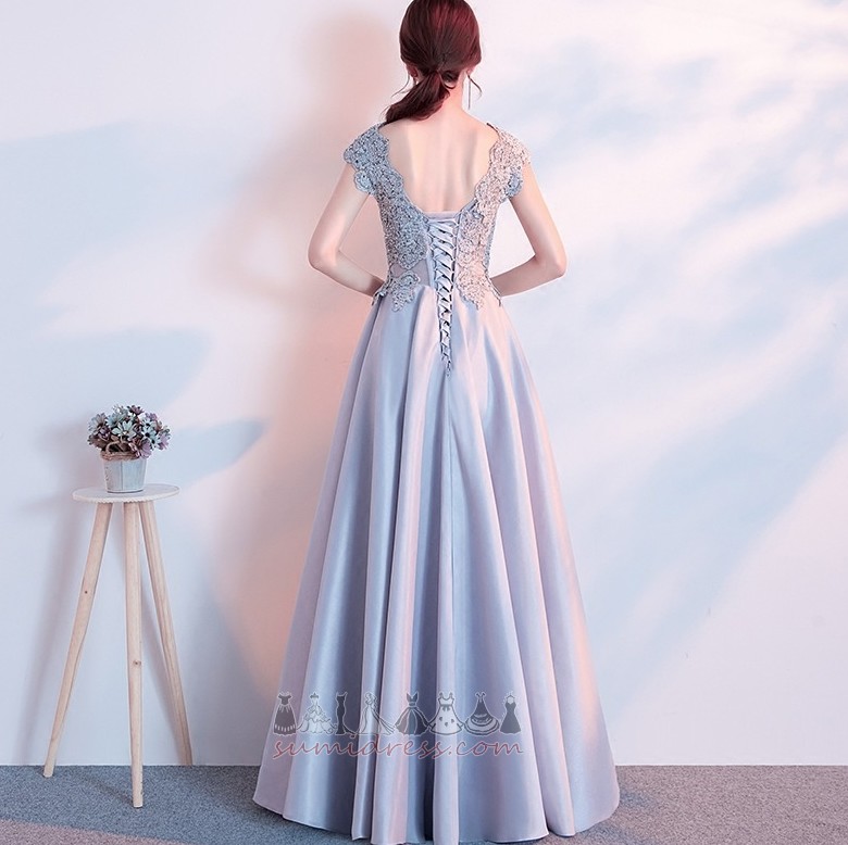 Short Sleeves V-Neck Ankle Length Satin Beading Natural Waist Prom Dress