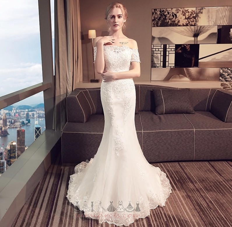 Short Sleeves Voile Elegant Sweep Train Applique Mermaid Wedding Dress