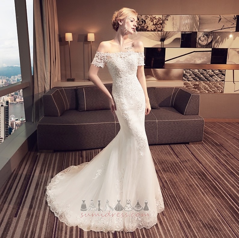 Short Sleeves Voile Elegant Sweep Train Applique Mermaid Wedding Dress