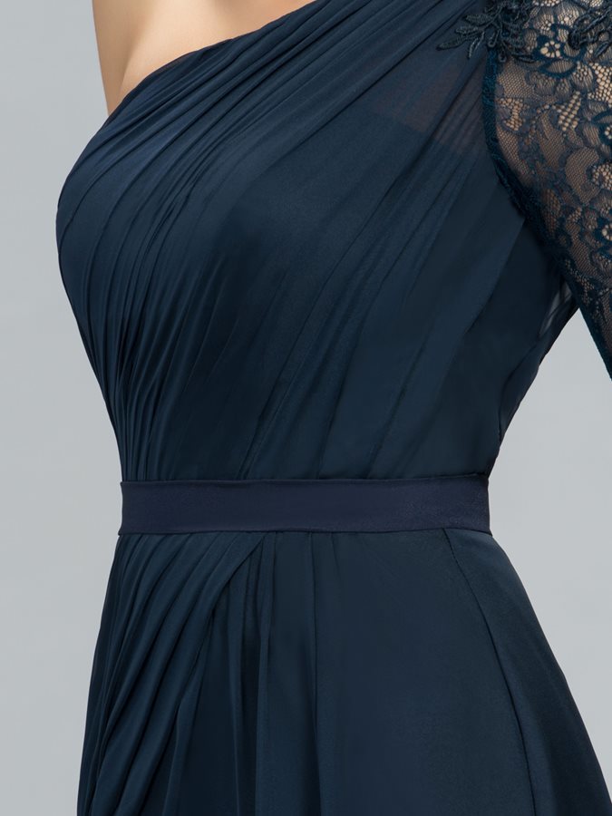 Side-Draped Chiffon Natural Waist Mid Back One Shoulder Petite Evening Dress