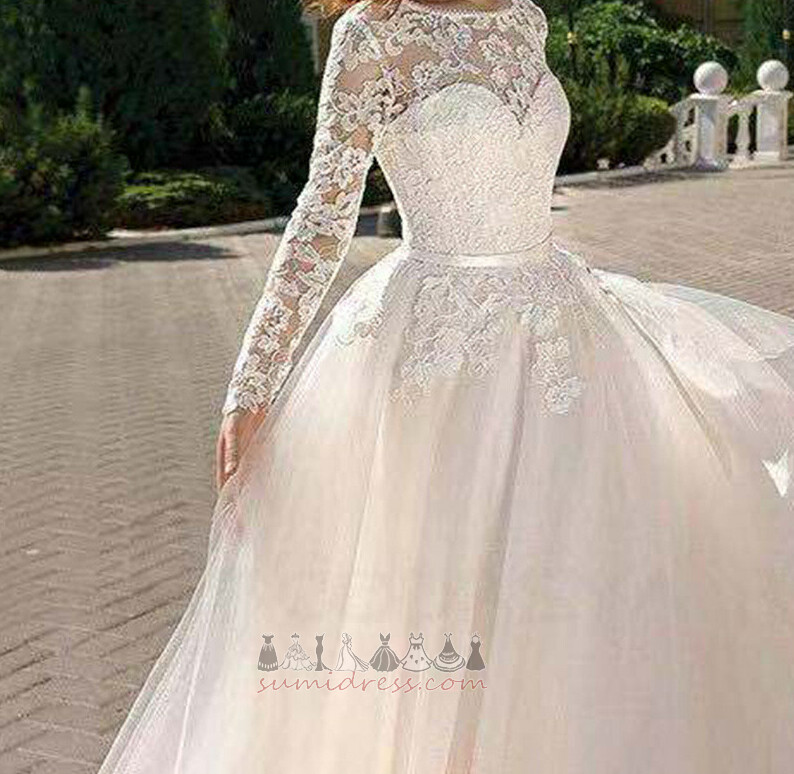 Simple A-Line Illusion Sleeves Natural Waist Applique Jewel Wedding skirt