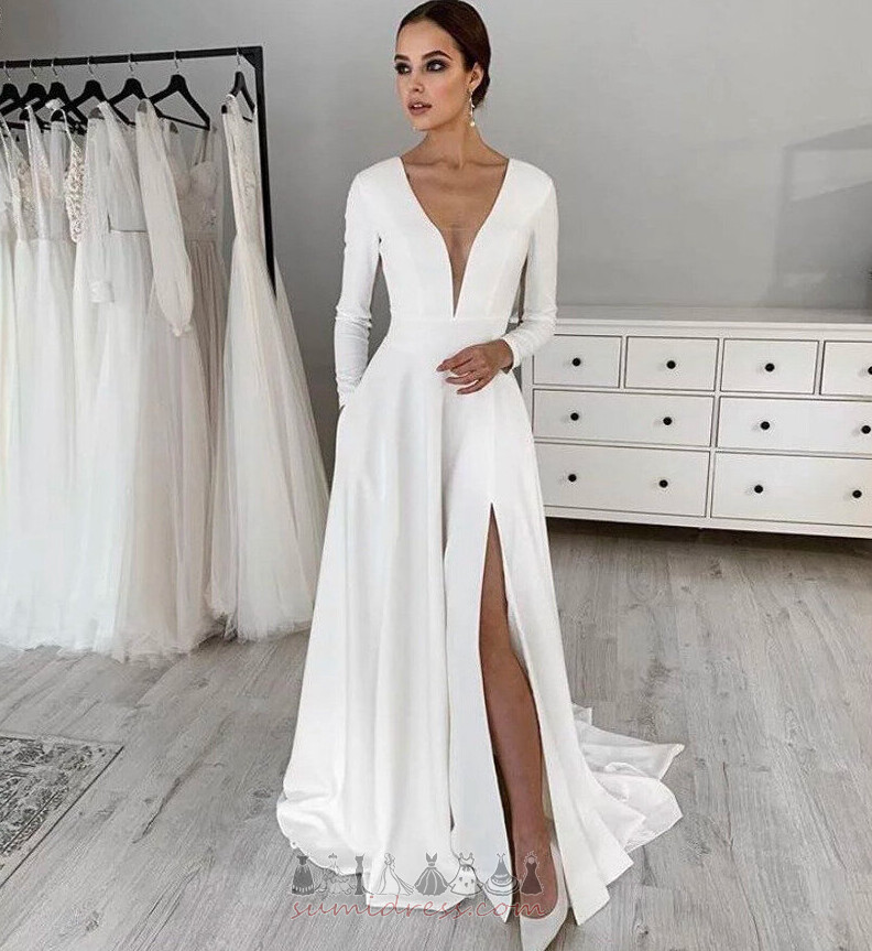 Simple A Line Outdoor Long Split Front Winter Wedding gown