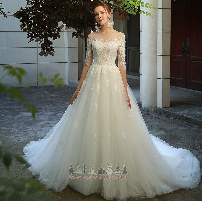 Simple Jewel Sweep Train Illusion Sleeves Lace Overlay A-Line Wedding Dress