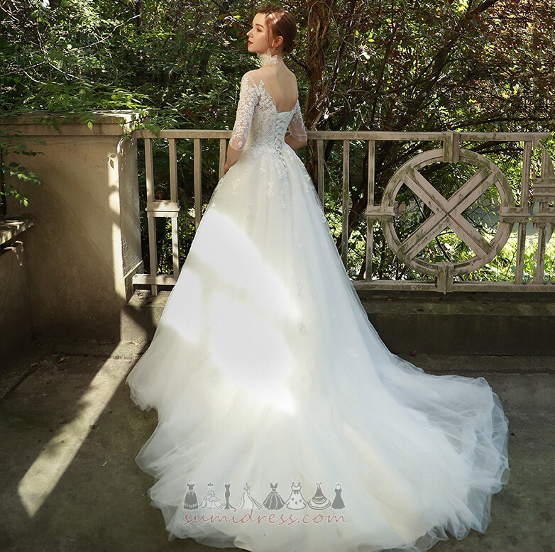 Simple Jewel Sweep Train Illusion Sleeves Lace Overlay A-Line Wedding Dress