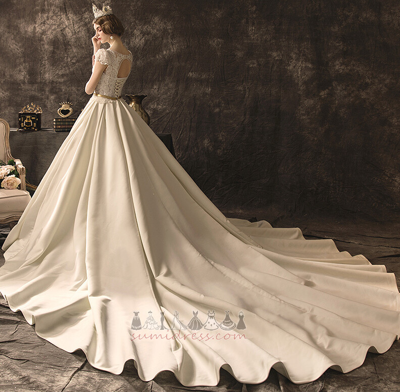 середа V-подібним вирізом короткі рукави Довго Мереживо Overlay лінія Весільна сукня