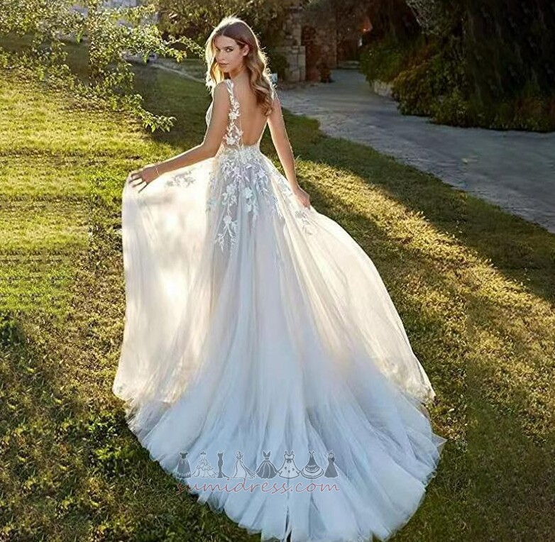 Sleeveless Applique Backless Tulle V-Neck Beach Wedding Dress