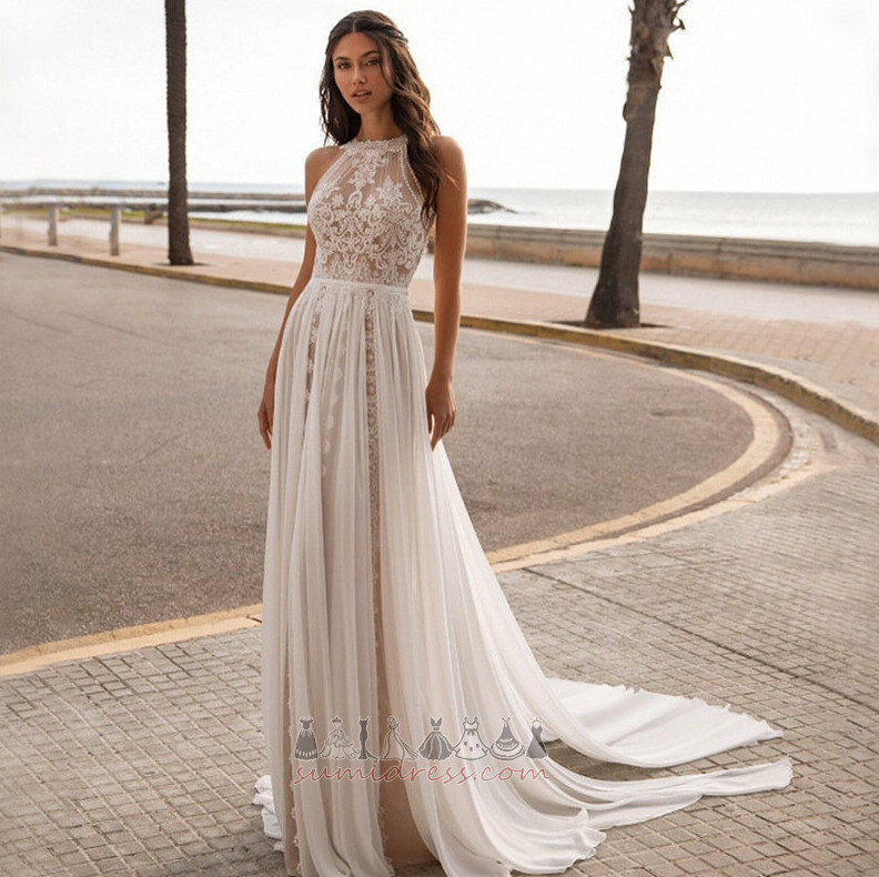 Sleeveless Fall Natural Waist Jewel Beach Sweep Train Wedding Dress