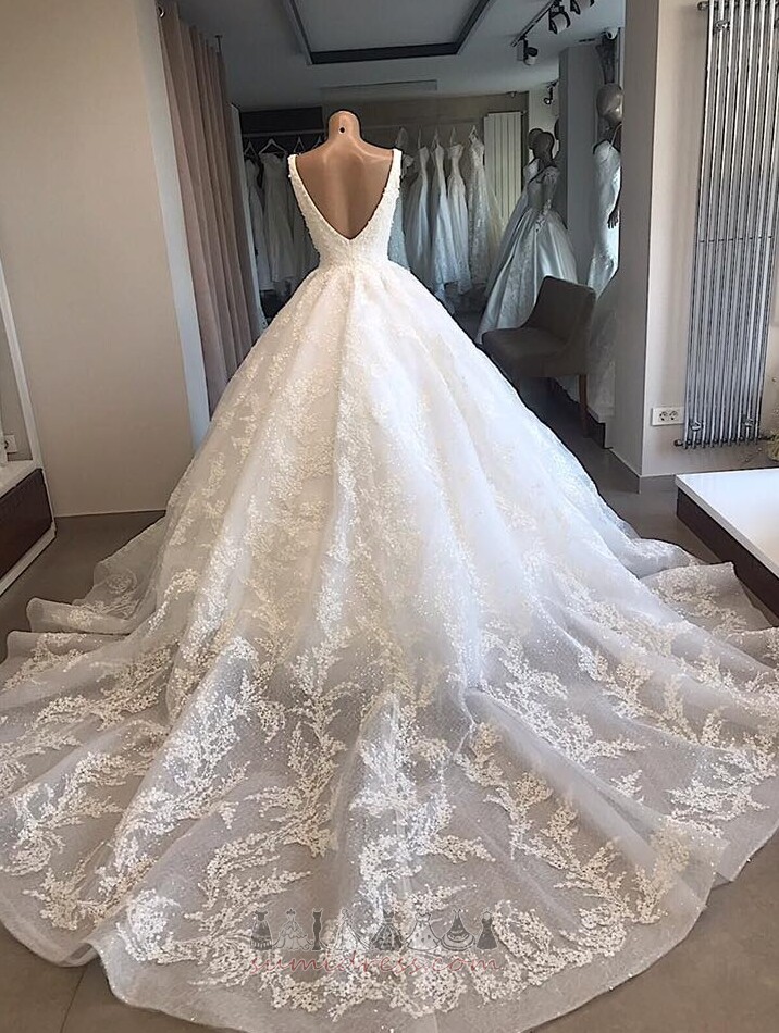 Sleeveless Fall Natural Waist V-Neck Luxurious Organza Wedding Dress