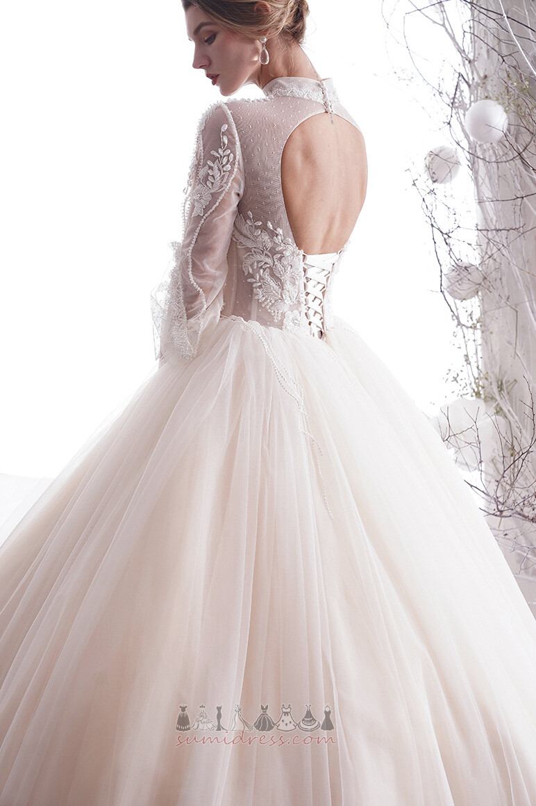 Sleeveless Floor Length Applique Backless Illusion Sleeves High Neck Wedding Dress