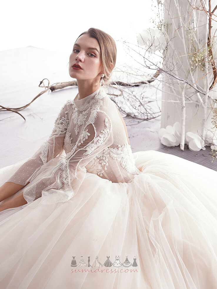 Sleeveless Floor Length Applique Backless Illusion Sleeves High Neck Wedding Dress