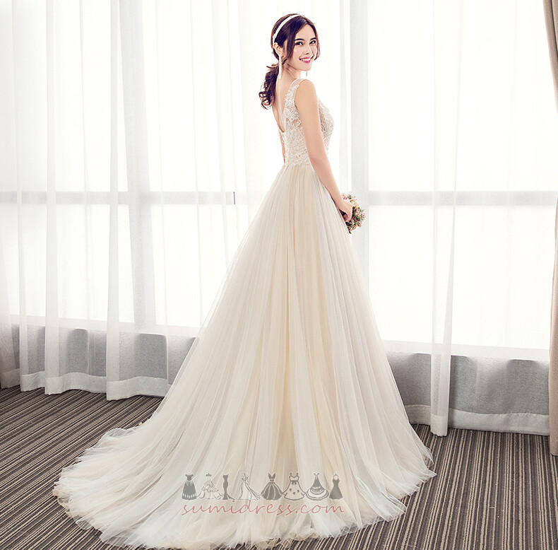 Sleeveless Floor Length Tulle Natural Waist Simple Sweep Train Wedding Dress