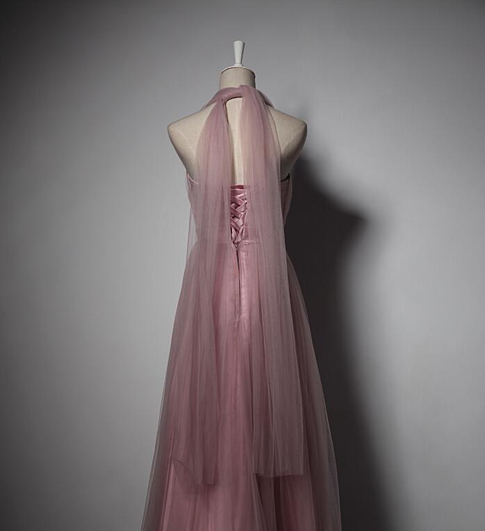 Sleeveless Halter Pear Lace-up Natural Waist A-Line Bridesmaid Dress