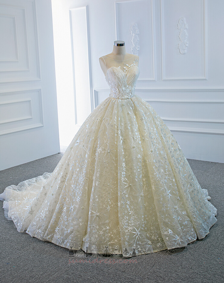 Sleeveless Long Formal Scoop Court Train A-Line Wedding Dress