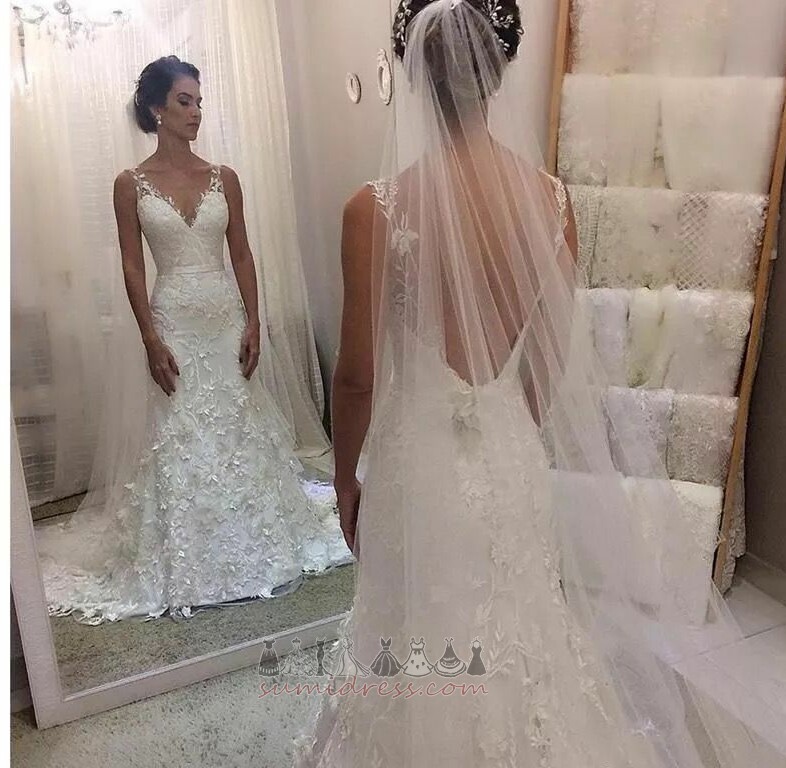Sleeveless Long Lace Applique Medium Fall Wedding Dress