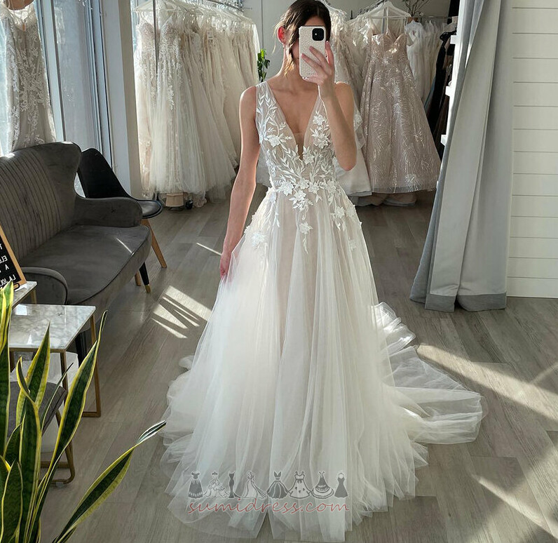 Sleeveless Natural Waist A-Line Zipper Up Tulle Deep v-Neck Wedding Dress