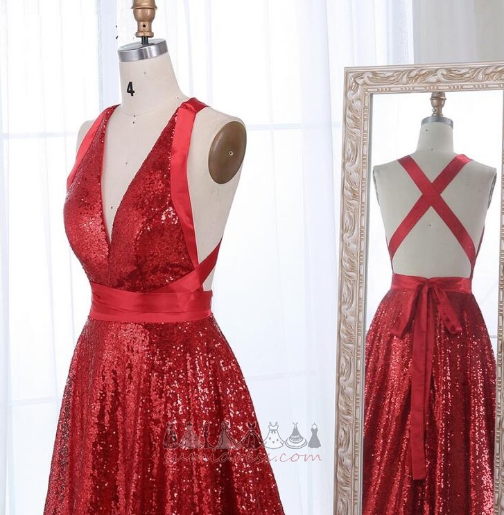 Sleeveless Natural Waist Sparkle Deep v-Neck Criss-Cross A-Line Prom Dress