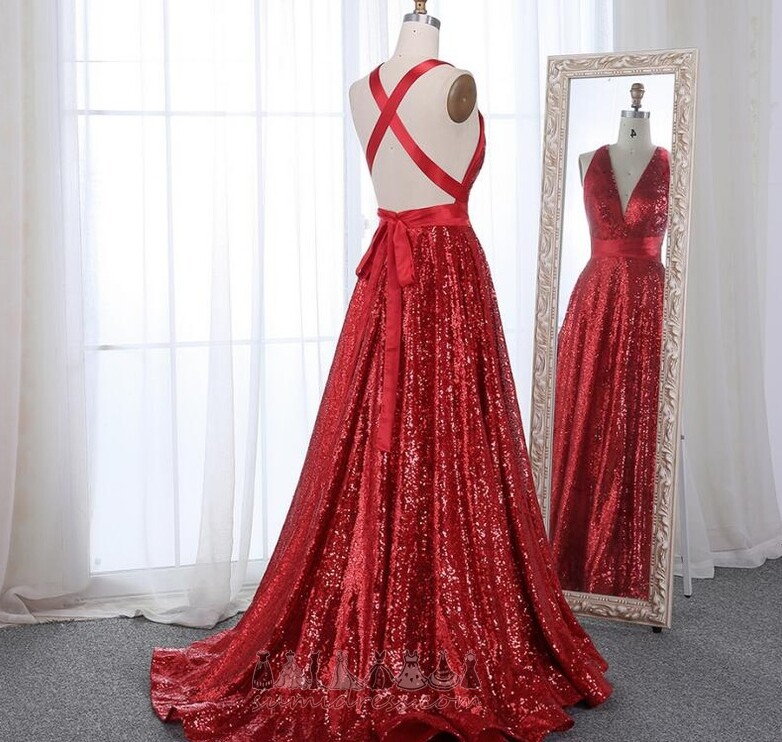 Sleeveless Natural Waist Sparkle Deep v-Neck Criss-Cross A-Line Prom Dress