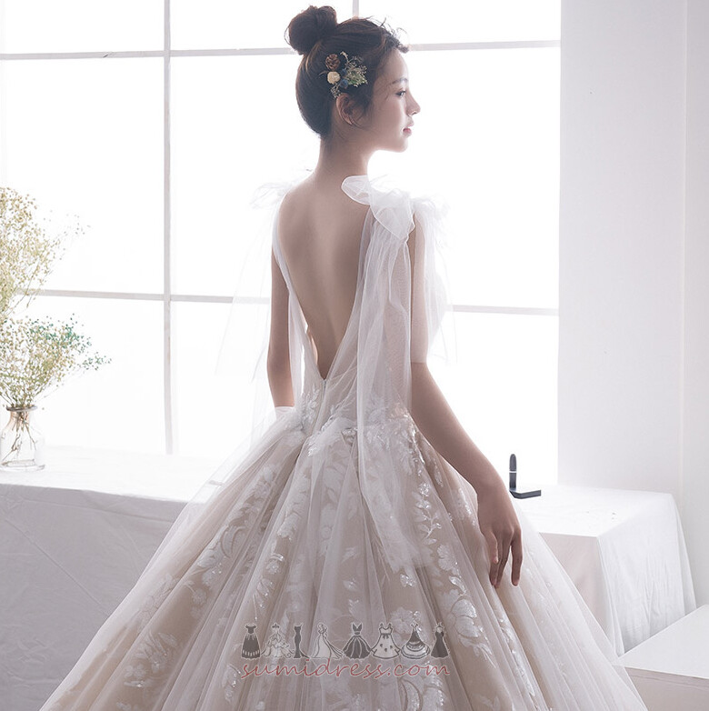 Sleeveless Pear Accented Bow Natural Waist Church Lace Wedding Dress