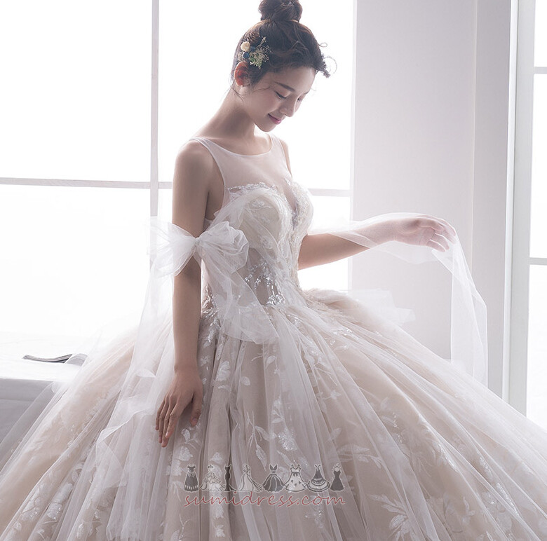 Sleeveless Pear Accented Bow Natural Waist Church Lace Wedding Dress