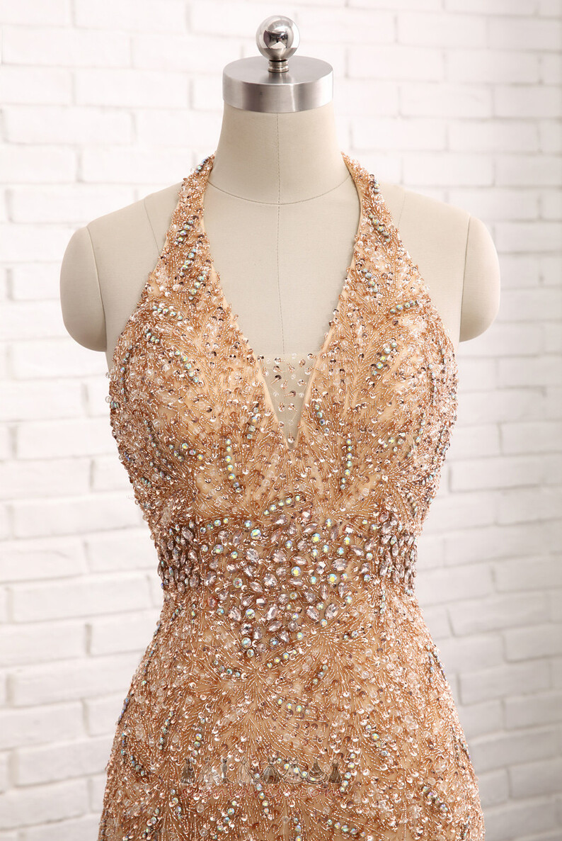 Sleeveless Pear Sparkle Jewel Bodice Halter Floor Length Evening Dress