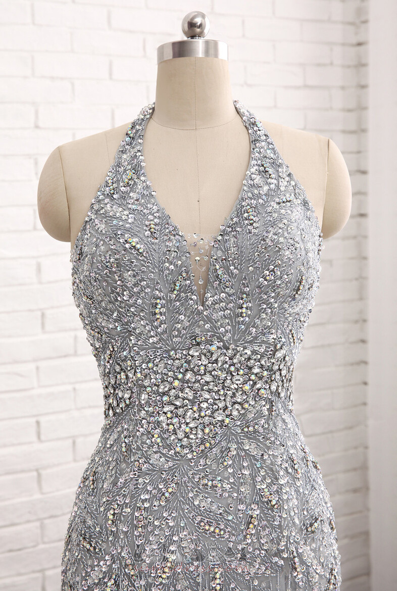 Sleeveless Pear Sparkle Jewel Bodice Halter Floor Length Evening Dress