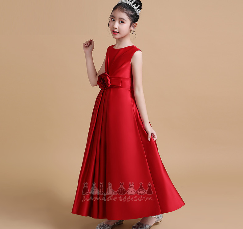Sleeveless Pleated Bodice Accented Rosette Jewel Satin Ankle Length Flower Girl Dress