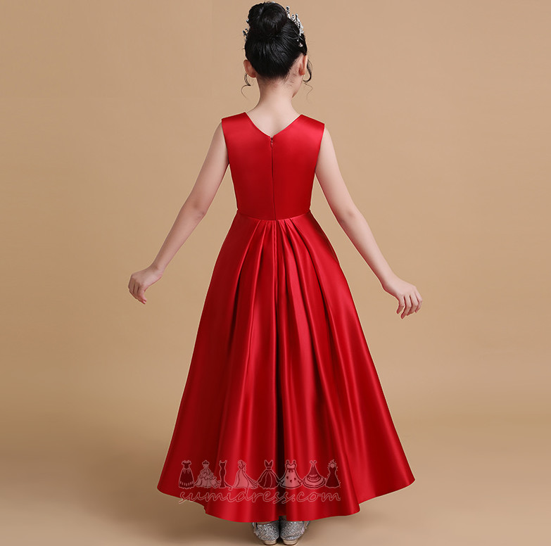 Sleeveless Pleated Bodice Accented Rosette Jewel Satin Ankle Length Flower Girl Dress