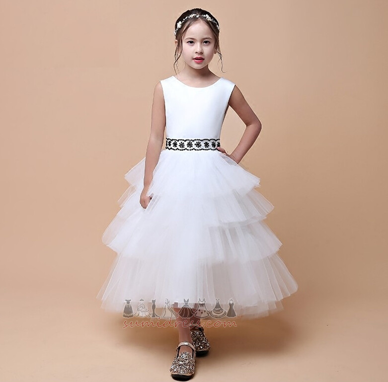 Sleeveless Tiered Tea Length Jewel Zipper Satin Flower Girl Dress