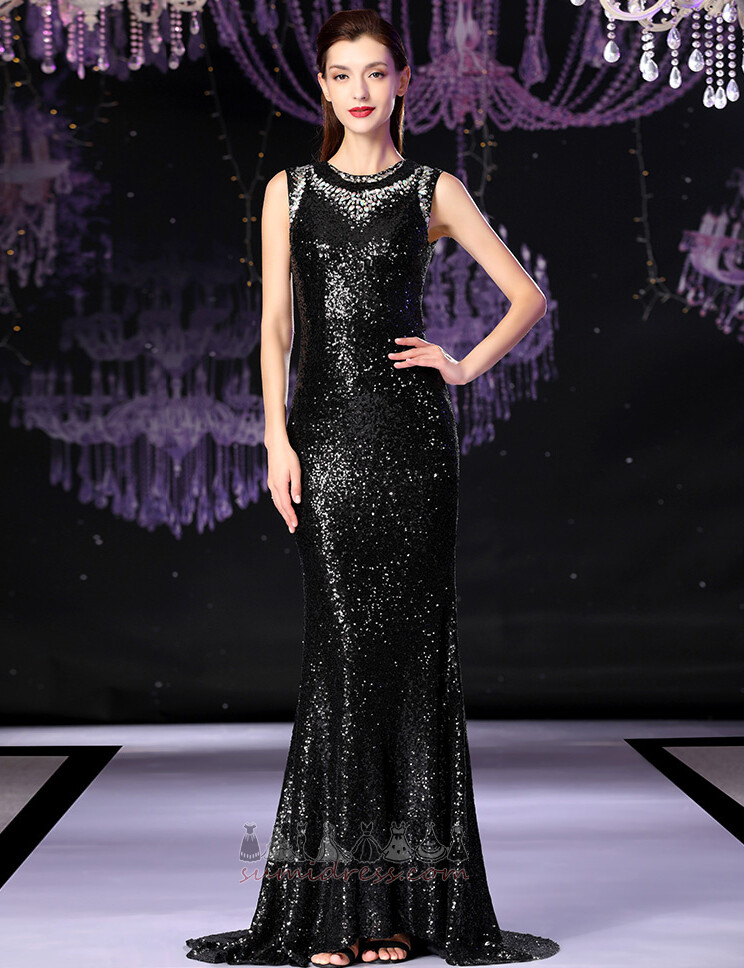 Sleeveless Tight Sequined Bodice Sweep Train Jewel Sequined Evening Dress
