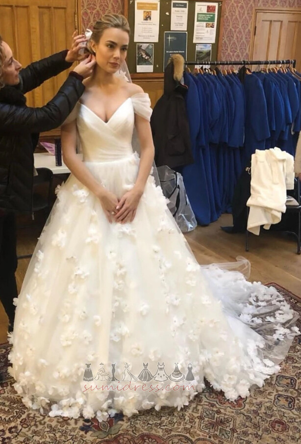 Sleeveless Tulle Court Train Long Applique Natural Waist Wedding Dress