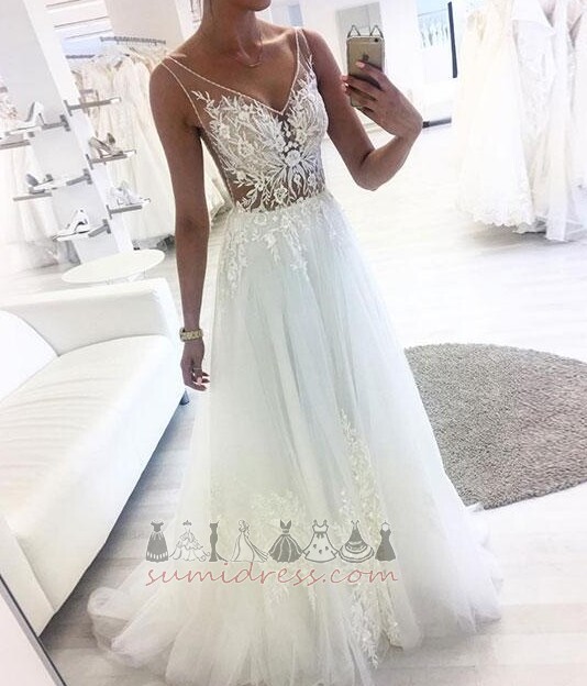 Sleeveless V-Neck Long See Through Tulle Summer Wedding gown