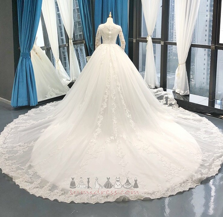 собор поїзд тюль лінія довгі рукави V-подібним вирізом Мереживо Overlay Весільна сукня