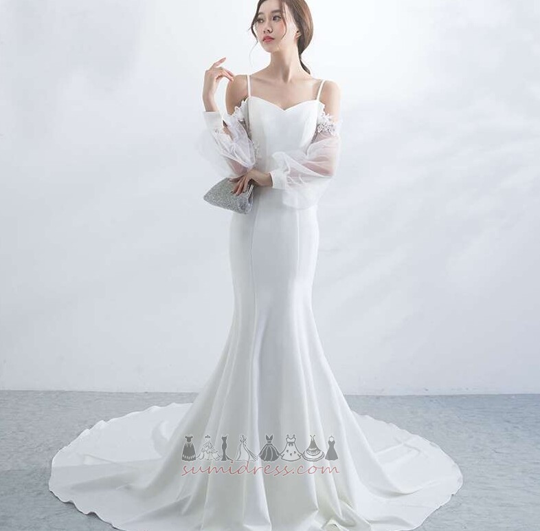 Спагети презрамки Тюл Пролет Драпирани Открит Дълги ръкави сватбена рокля