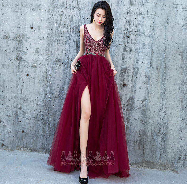 Sparkle Sleeveless A-Line Backless Natural Waist Front Slit Prom gown