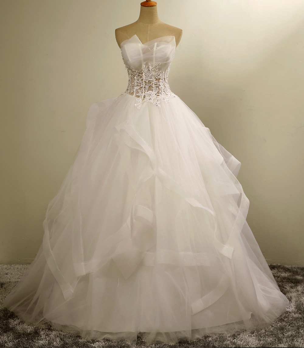Spring Sweep Train Floor Length Sleeveless Applique Strapless Wedding Dress