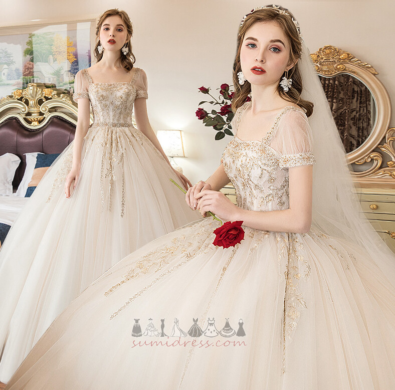 Square Urringning Kyrka Natural Midja Spetsar Overlay Draperad Bröllopsklänning