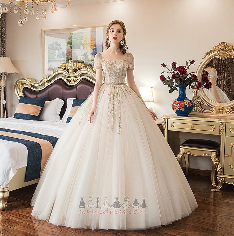 Square Urringning Kyrka Natural Midja Spetsar Overlay Draperad Bröllopsklänning