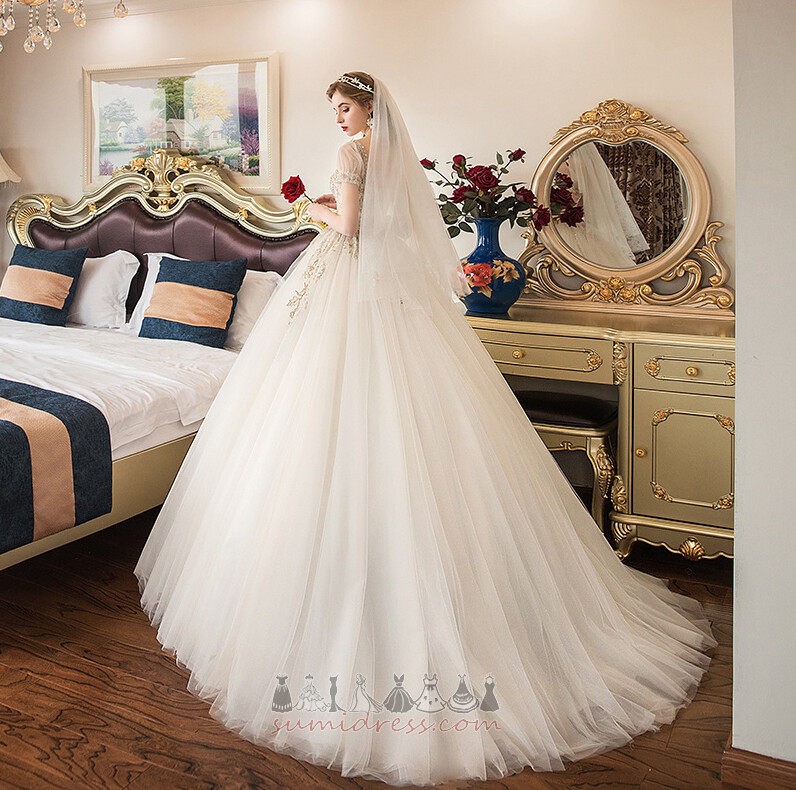 Square Urringning Kyrka Natural Midja Spetsar Overlay Draperad Bröllopsklänning