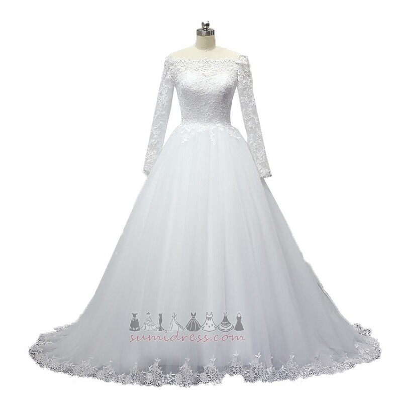 Střední pasu Krajkou Overlay Off-The-rameno Iluze formální Zamést vlak Svatební šaty