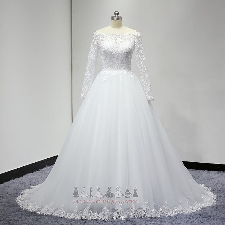 Střední pasu Krajkou Overlay Off-The-rameno Iluze formální Zamést vlak Svatební šaty