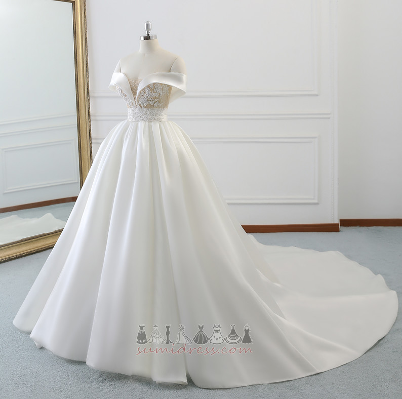 String Sleeveless Draped Court Train A-Line Lace Wedding Dress