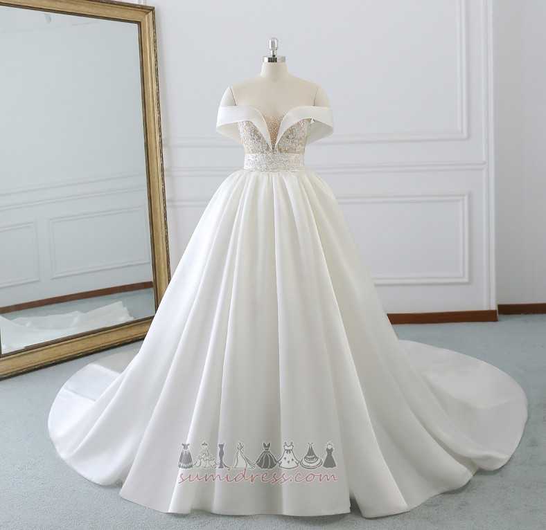 String Sleeveless Draped Court Train A-Line Lace Wedding Dress